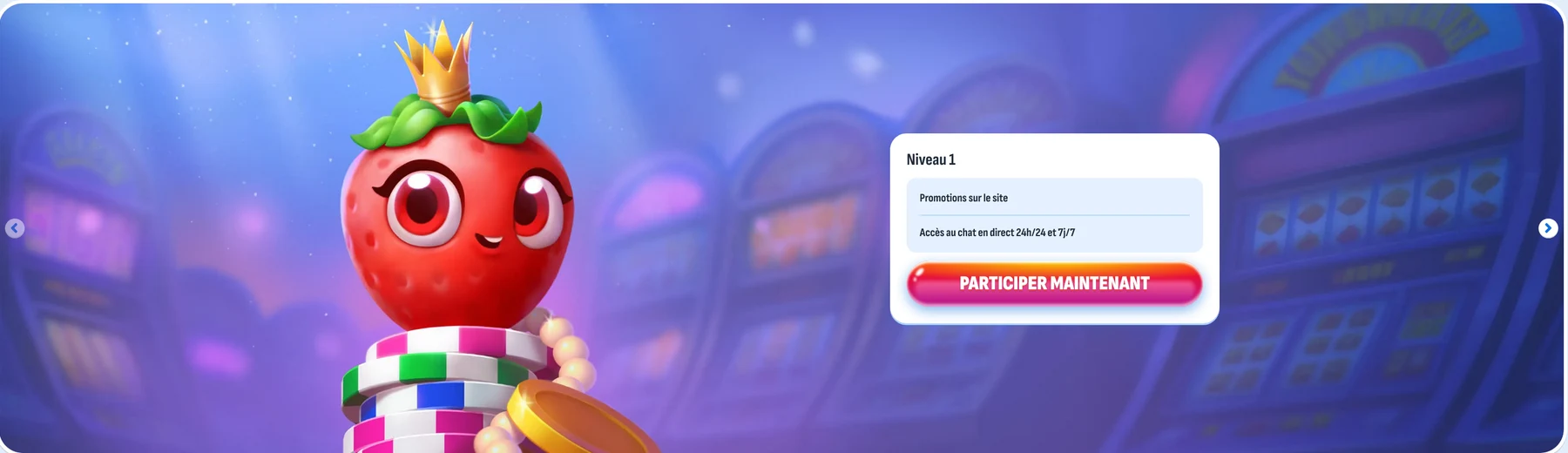 Personnage fruit Nomini dans un lobby de machines à sous